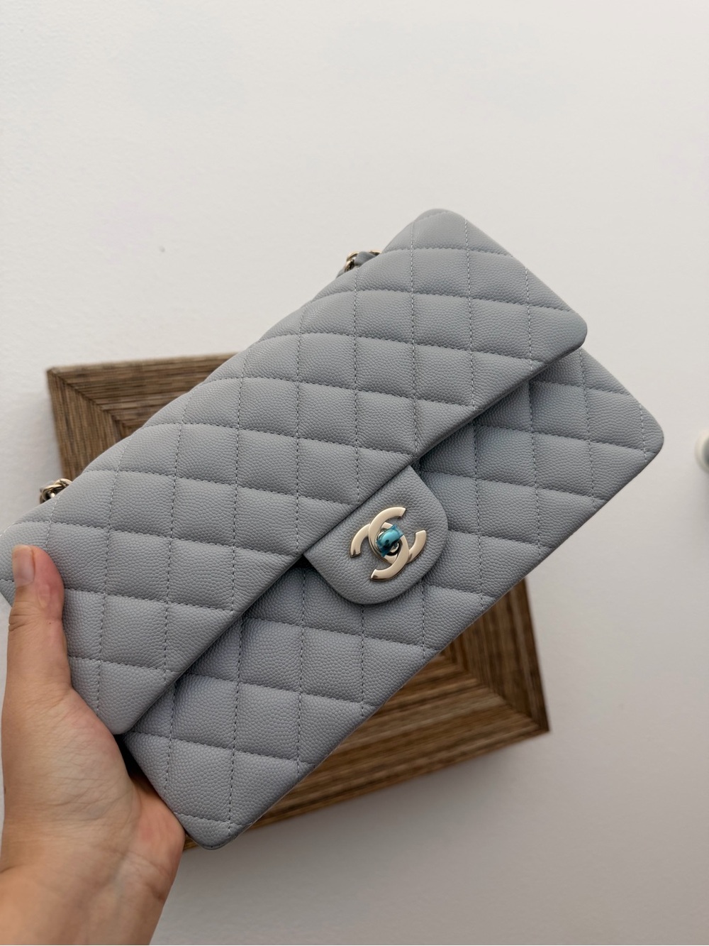 CHANEL 21A Light Grey light GHW Caviar Quilted Medium Double Flap with Receipt